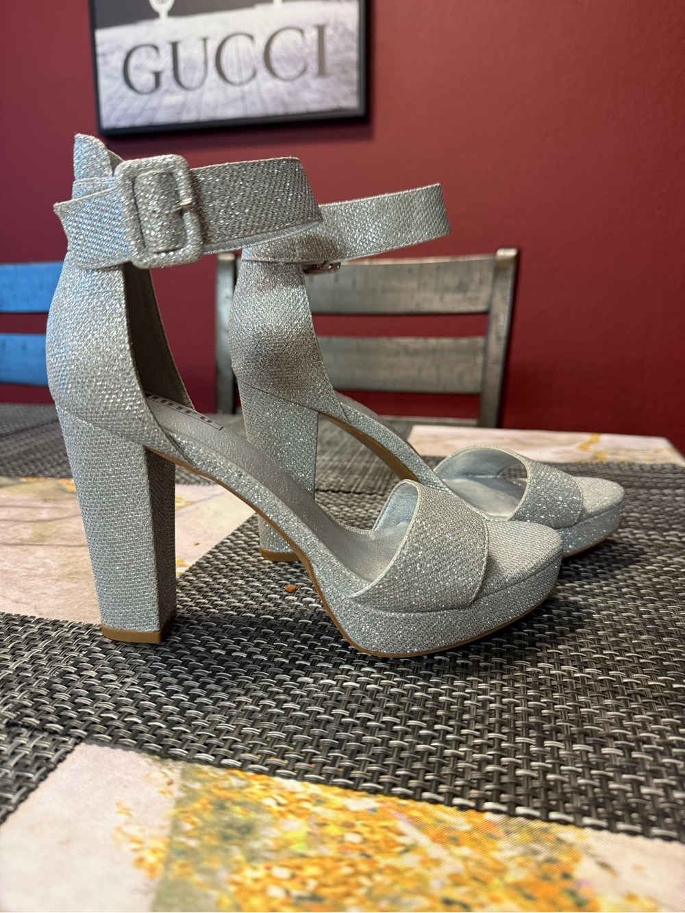 Sparkling Silver Ankle-Strap Platform Heels